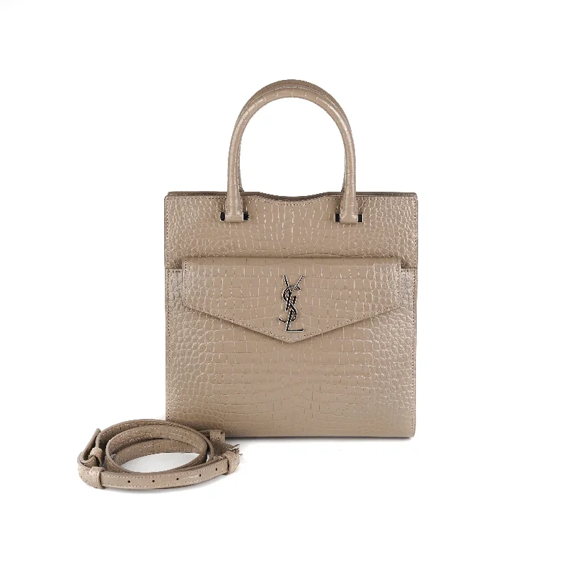 Saint Laurent Uptown Croc-Leather Tote Small Taupe