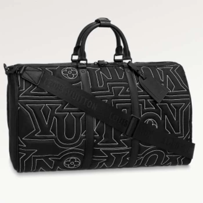 Louis Vuitton LV Unisex Keepall 50B Black Nylon Cowhide Leather Signature Embroidery