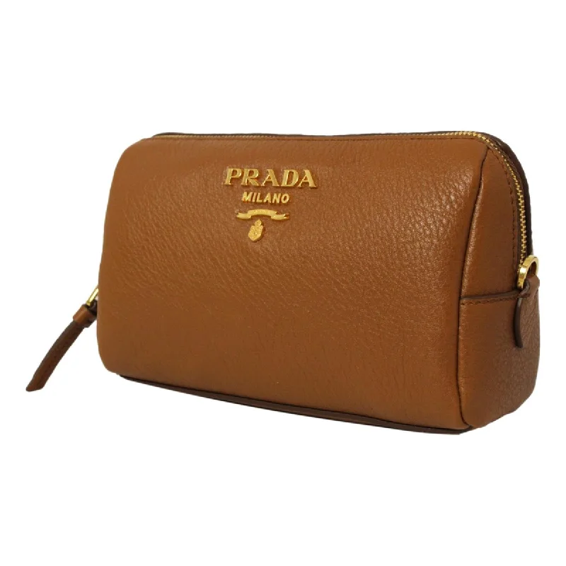 Prada Vitello Daino Cannella Brown Leather Cosmetic Pouch 1ND004