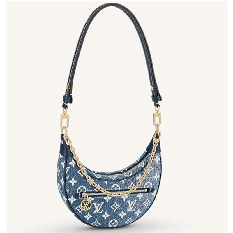 Louis Vuitton LV Women Half-Moon Loop Baguette Handbag Navy Blue Denim Jacquard