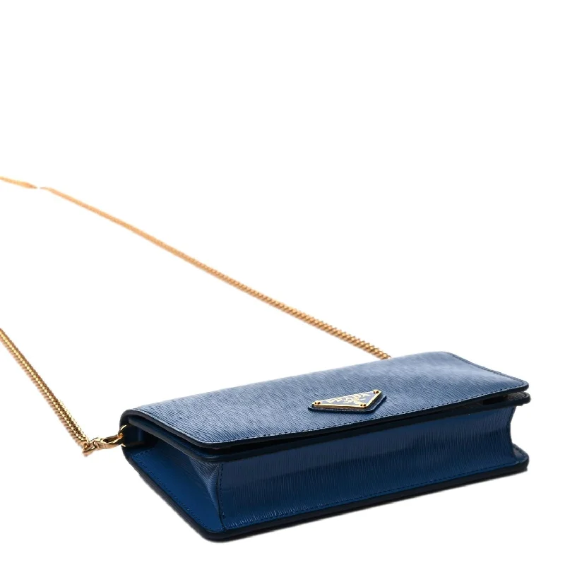 Prada Vitello Move Bluette Blue Crossbody Chain Wallet 1BP021