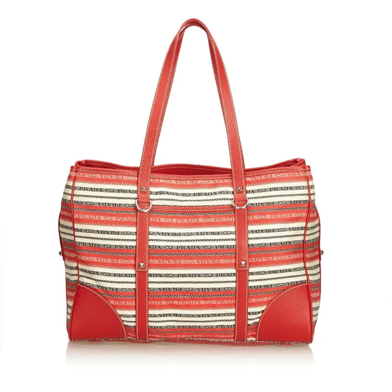 Pre-Loved Prada Red Jacquard Fabric Striped Tote Bag Italy