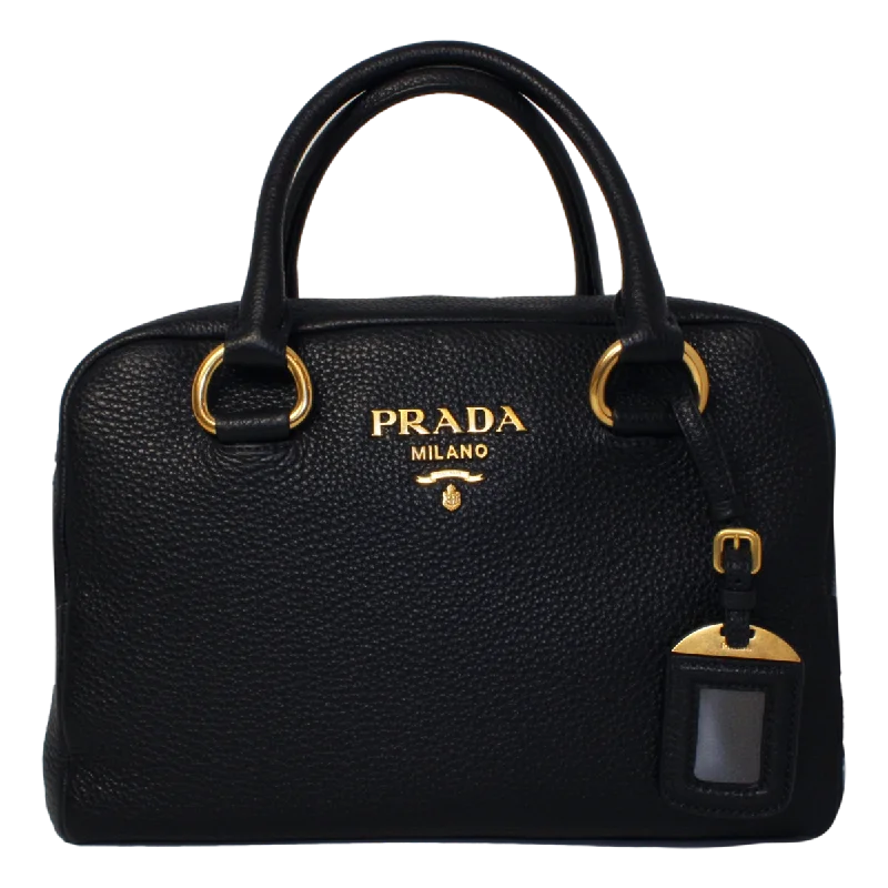 Prada Vitello Phenix Black Leather Stripe Strap Satchel Bag 1BB086