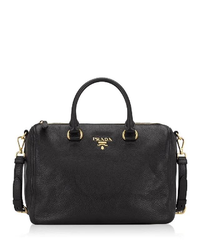 Prada Vitello Phenix Black Leather Top Handle Satchel Handbag 1BB023