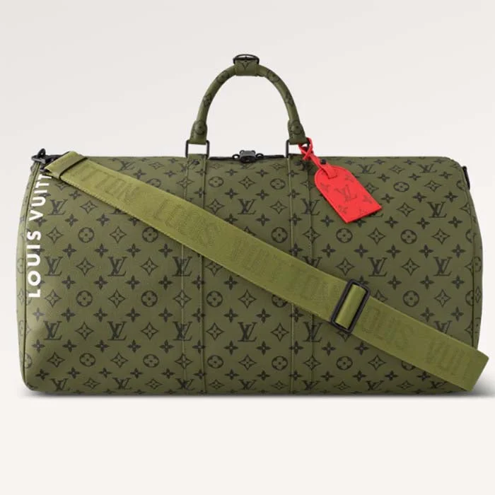 Louis Vuitton LV Unisex Keepall Bandoulière 55 Khaki Green Vermillion Red Monogram Canvas