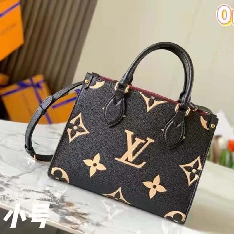 Louis Vuitton LV Women Onthego PM Tote Black Embossed Grained Cowhide Leather