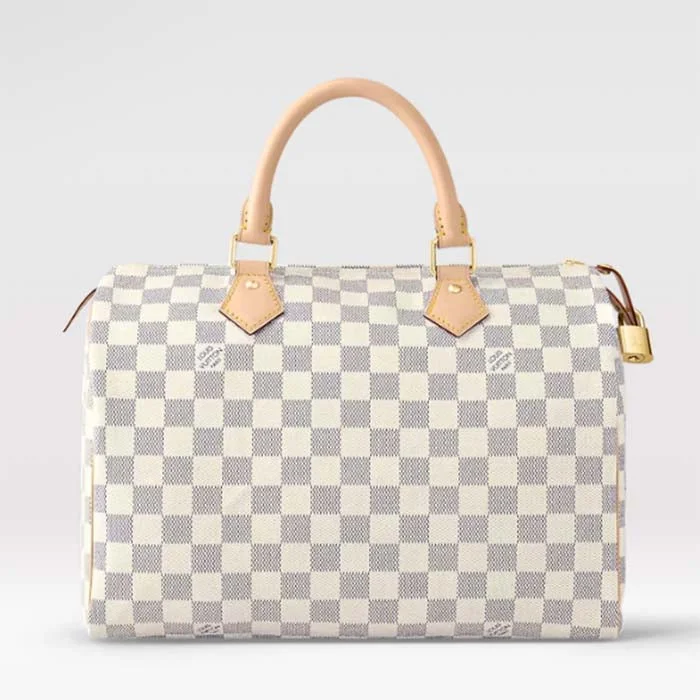 Louis Vuitton LV Unisex Speedy 30 Damier Azur Coated Canvas Natural Cowhide Leather