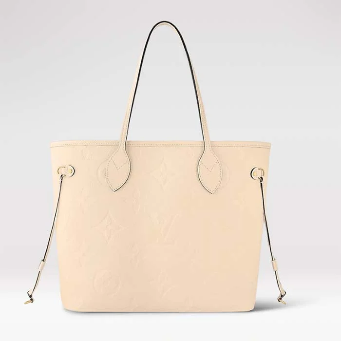 Louis Vuitton Women LV Neverfull MM Carryall Tote Crème Beige Embossed Grained Cowhide