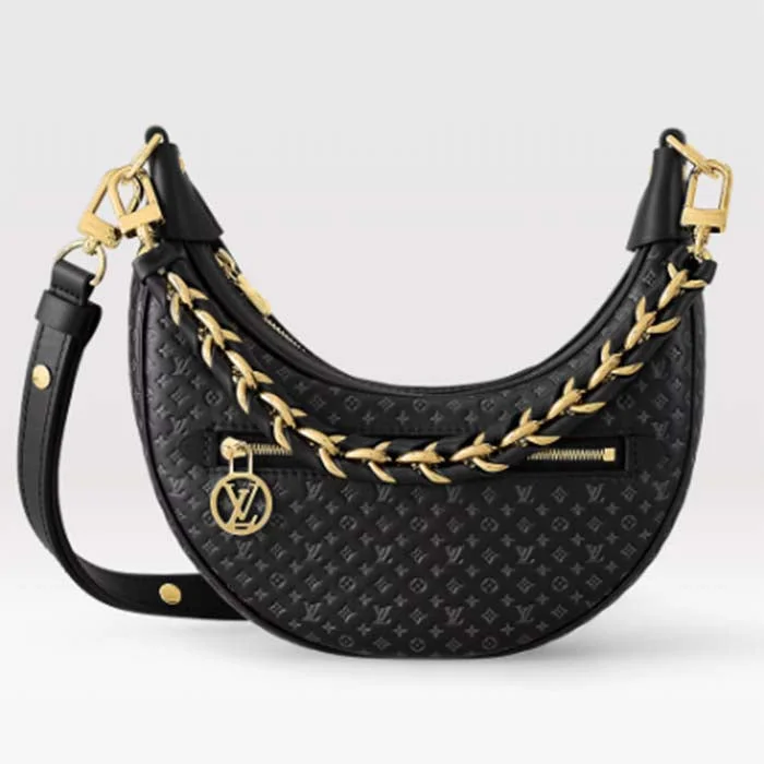 Louis Vuitton LV Women Loop Half-Moon Baguette Bag Black Calfskin Monogram Flowers