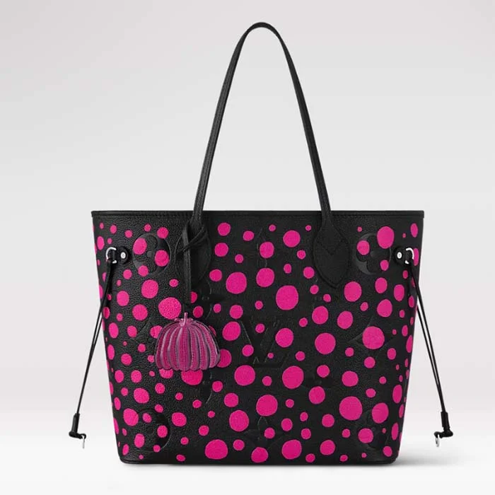 Louis Vuitton Women LV x YK Neverfull MM Black Fuchsia Embossed Grained Monogram Empreinte Cowhide