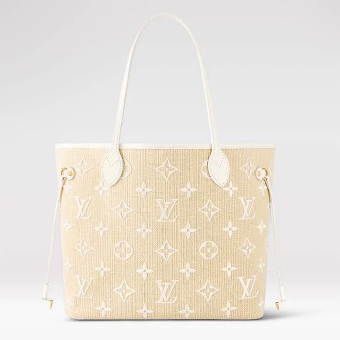 Louis Vuitton LV Unisex Neverfull MM Beige Lotus Cotton Cowhide Leather